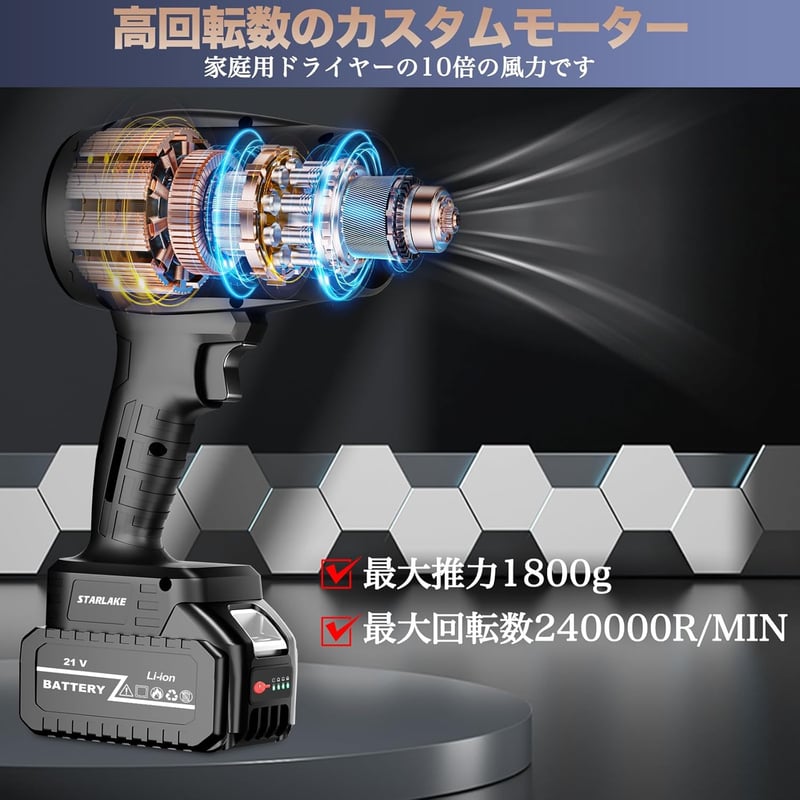 充電式エアダスター ブロワー 3000mAhバッテリー2個搭載 軽量 ターボジェットファン 高速回転 70m/s コードレス(ブラック)