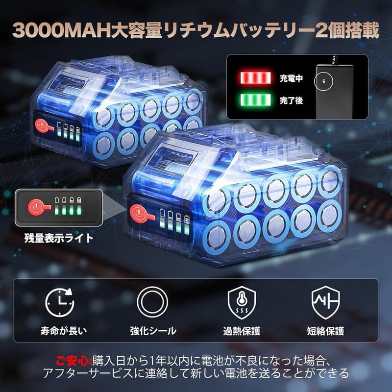 充電式エアダスター ブロワー 3000mAhバッテリー2個搭載 軽量 ターボジェットファン 高速回転 70m/s コードレス(ブラック)
