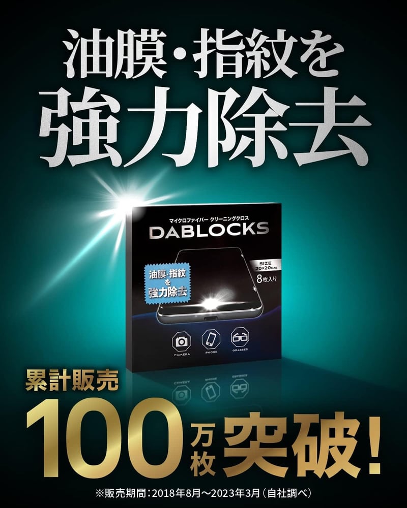 DABLOCKS マイクロファイバークリーニングクロス 20×20cm 8枚セット(黒4枚・水色4枚)