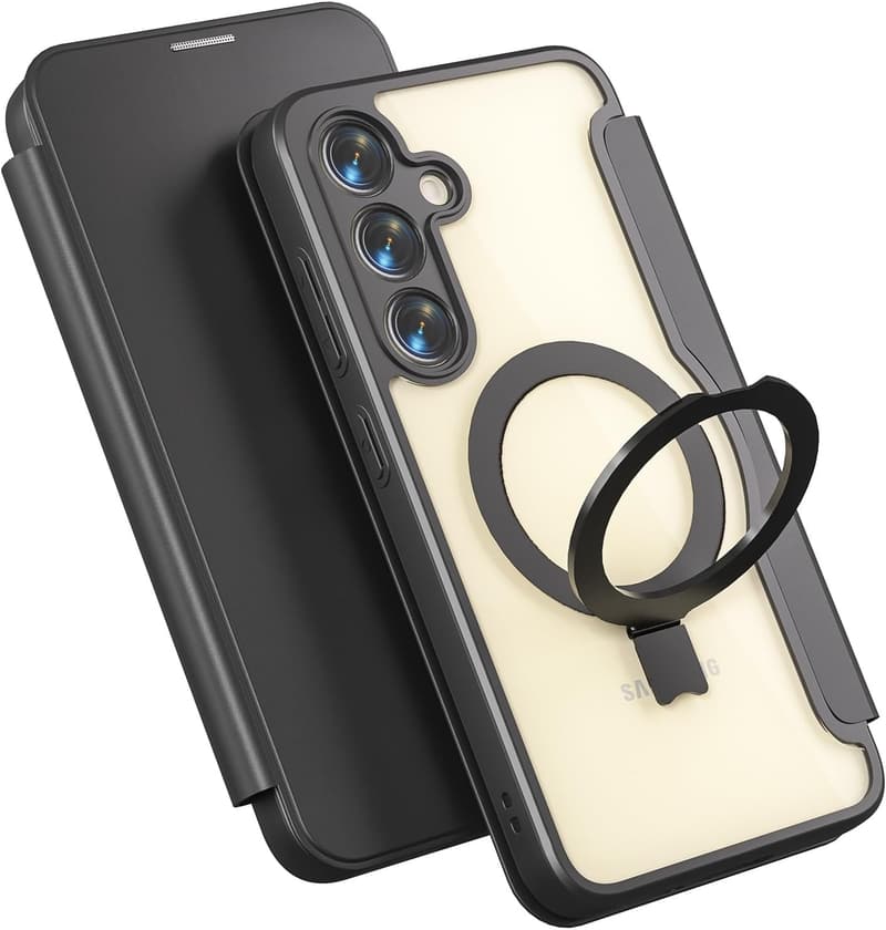 Galaxy S24用マグネット式手帳型ケース ブラック - 多機能スタンド・カード収納・ワイヤレス充電対応・耐衝撃・カメラ保護