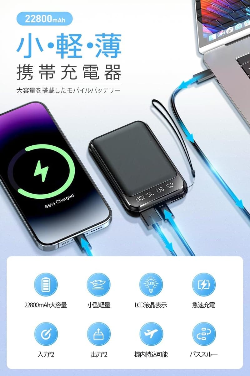 22800mAh大容量モバイルバッテリー 超軽量180g 2台同時急速充電 USB出力ポート/LCD残量表示付き 携帯充電器 (黒色)