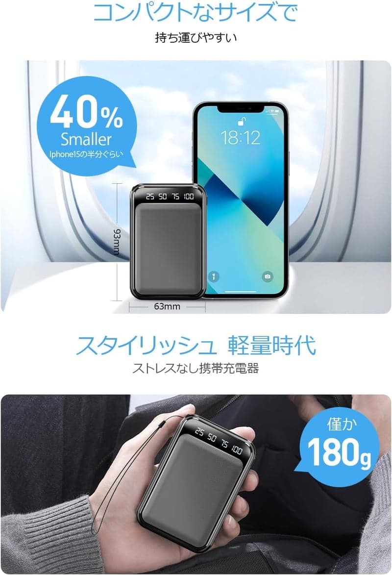 22800mAh大容量モバイルバッテリー 超軽量180g 2台同時急速充電 USB出力ポート/LCD残量表示付き 携帯充電器 (黒色)