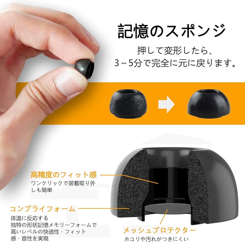 AirPods Pro用 ウレタン製低反発イヤーチップ 3ペア (Mサイズ) - 音質向上・遮音性・脱落防止