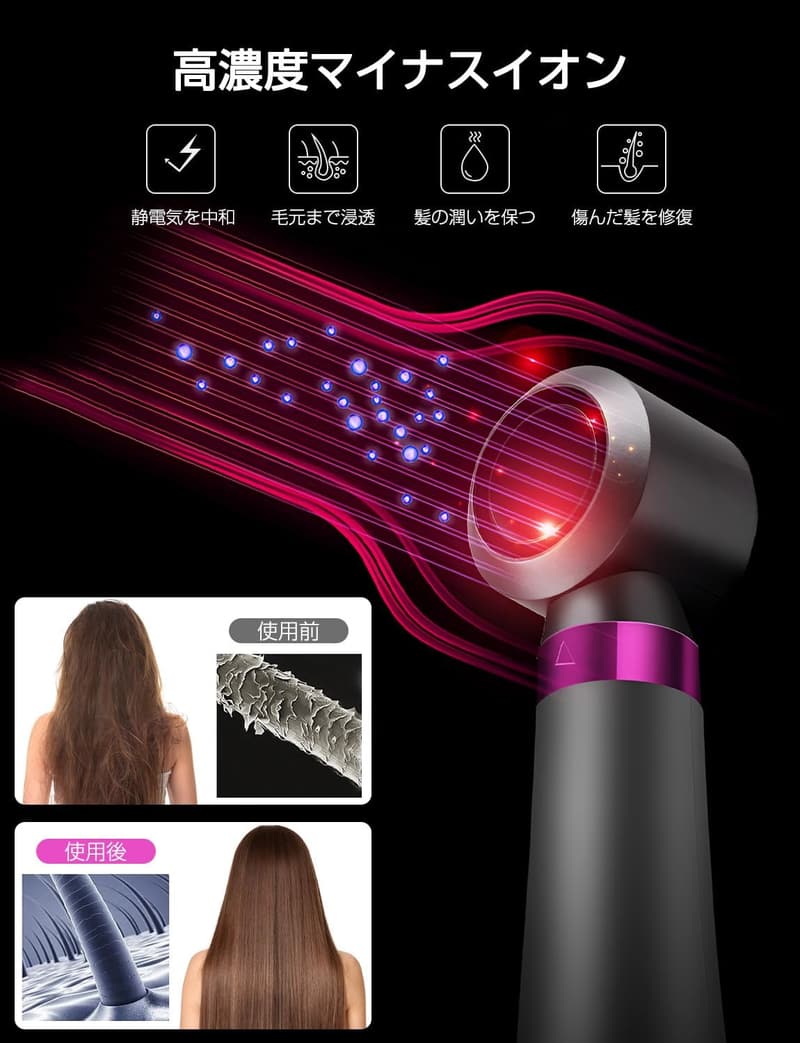 大風量マイナスイオンヘアドライヤー 1200W 3段階調節機能 速乾 スタイリング簡単 フューシャ