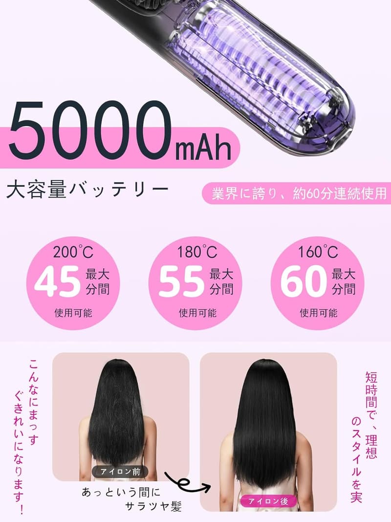 コードレス ヘアアイロン ヒートブラシ 【5000mAh/230g】 充電式・温度調整160～200℃・オートオフ機能付き