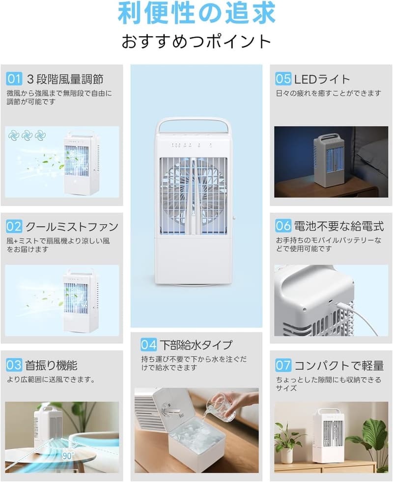 冷風機 冷風扇【2025年版】900ML大容量 USB給電式 卓上クーラー 静音 省エネ コンパクト