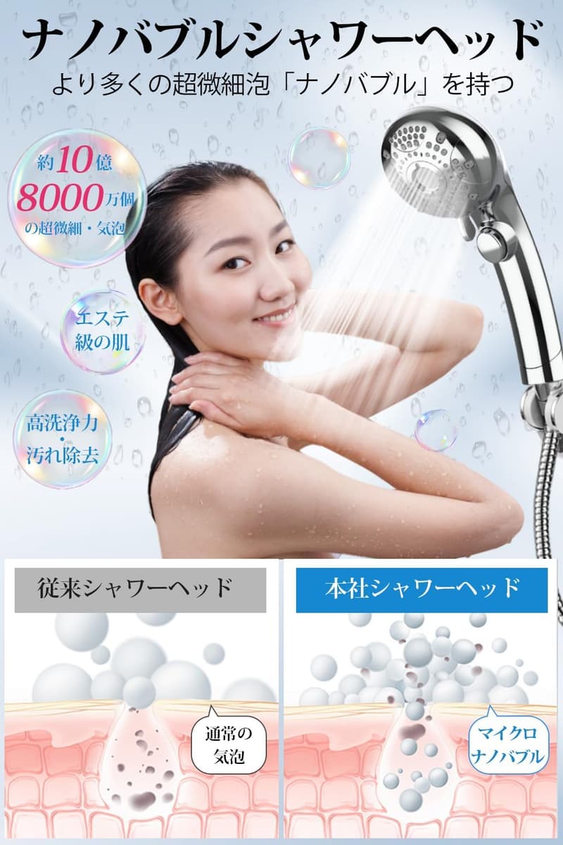 90%節水マイクロナノバブルシャワーヘッド【高水圧・手元止水・肌ケア】