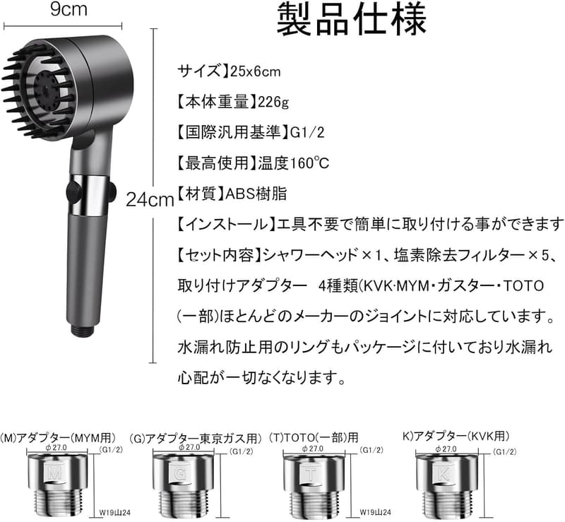 マイクロナノバブルシャワーヘッド 高水圧・節水・塩素除去による肌&髪ケア向上 取付簡単・浄水フィルター5本付き
