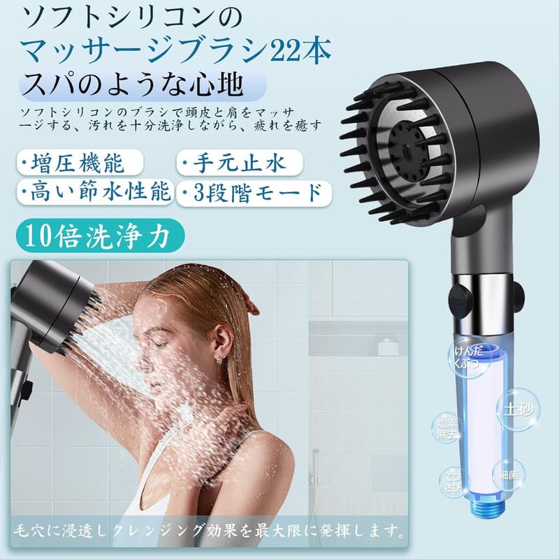 マイクロナノバブルシャワーヘッド 高水圧・節水・塩素除去による肌&髪ケア向上 取付簡単・浄水フィルター5本付き