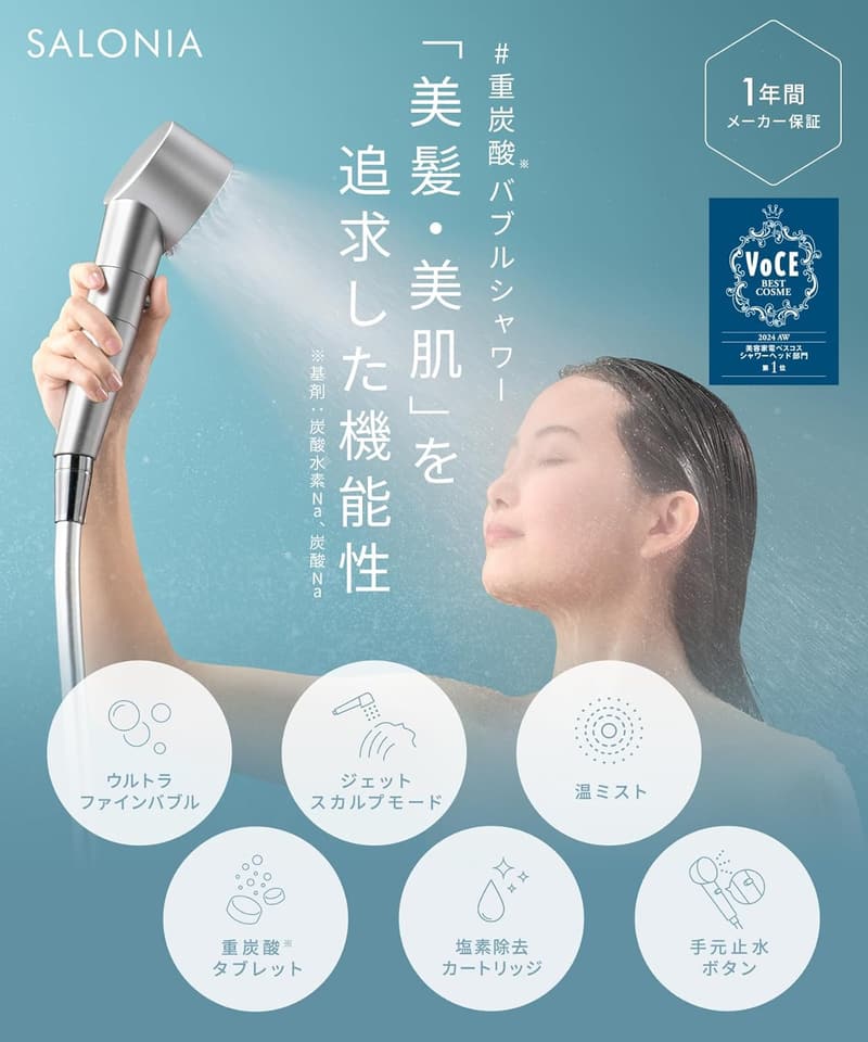 ファインバブルクリアシャワーヘッド（マイクロナノバブル・節水・塩素除去カートリッジ+重炭酸タブレット付）シルバー