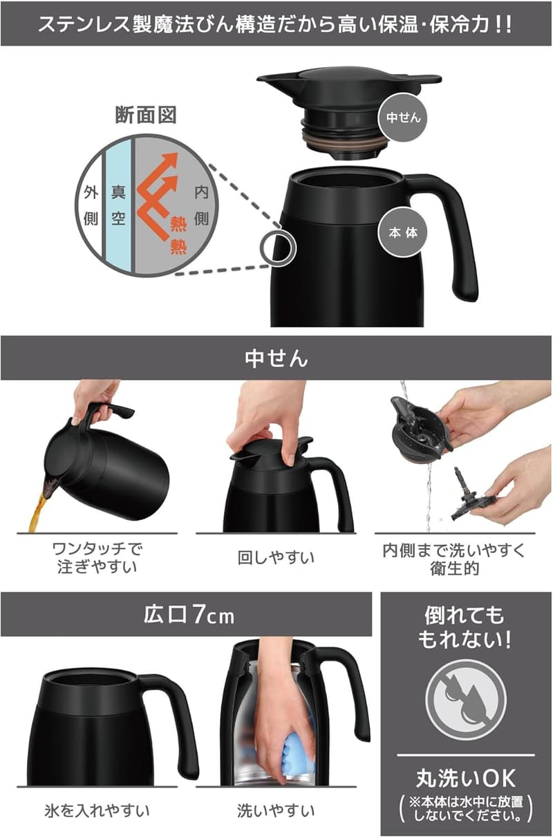 保温保冷 2L ステンレス卓上ポット マットブラック TTB-2001 MTBK