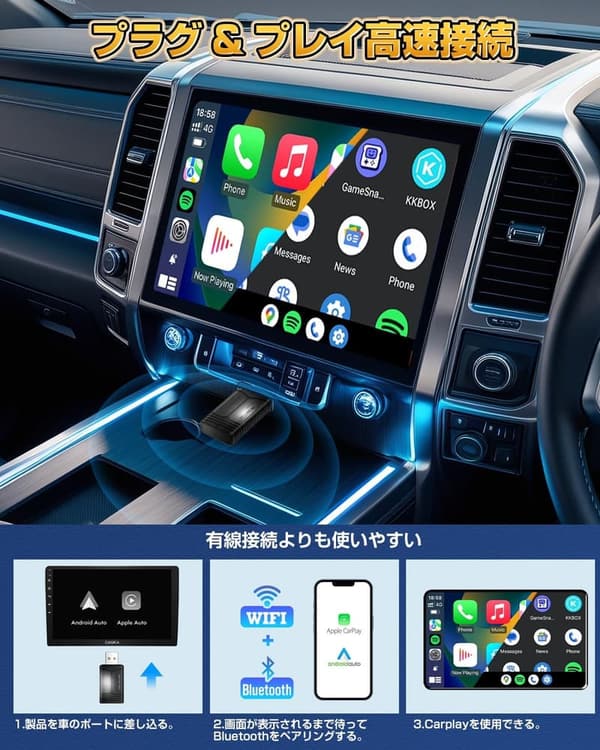 ワイヤレスCarPlay/Android Autoアダプター 日本語取扱説明書付き 98%以上の車種対応