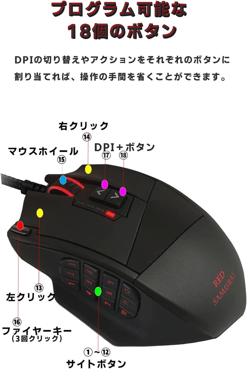 ゲーミングマウス 16400dpi 有線 プログラムボタン18個 バックライト ブラック