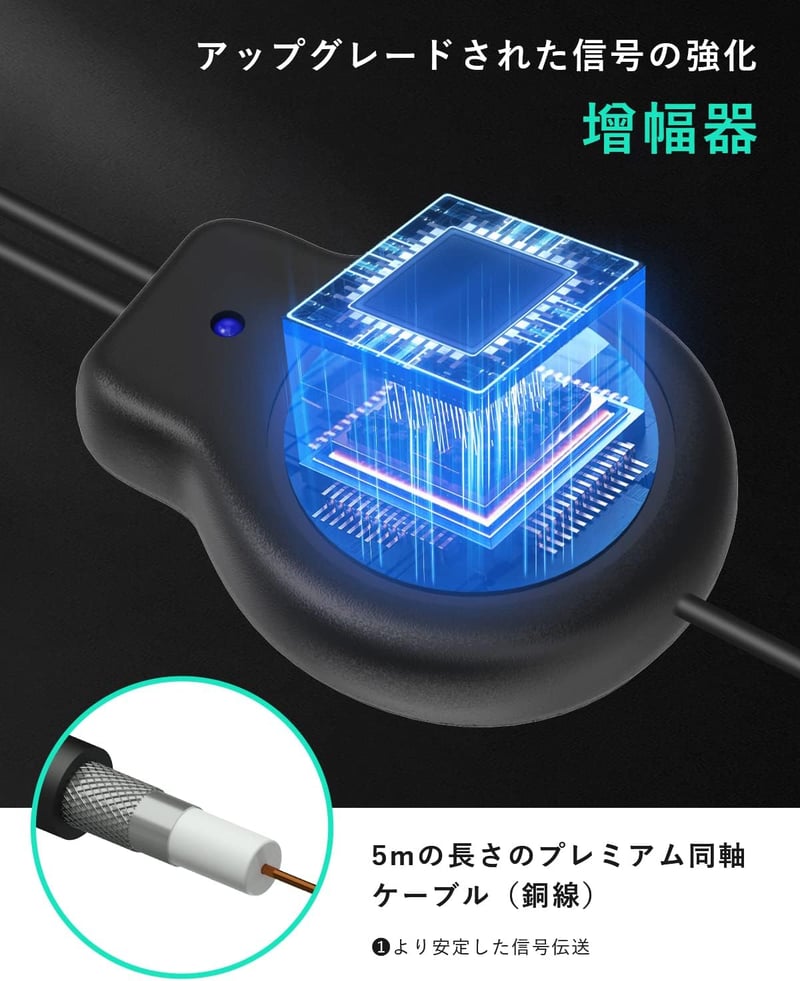 500KM受信範囲の高性能地デジ室内アンテナ USB式薄型・軽量 360度全方位受信 ブルー