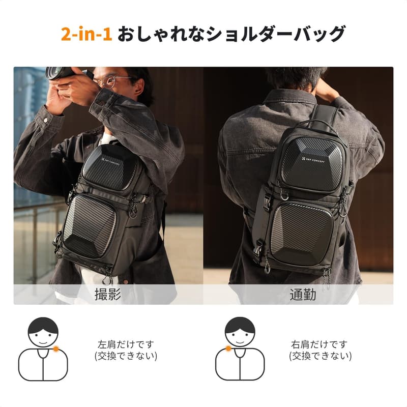 カメラバッグ スリングタイプ 大容量10L 撥水加工 耐衝撃 一眼レフ用 ブラックグレー