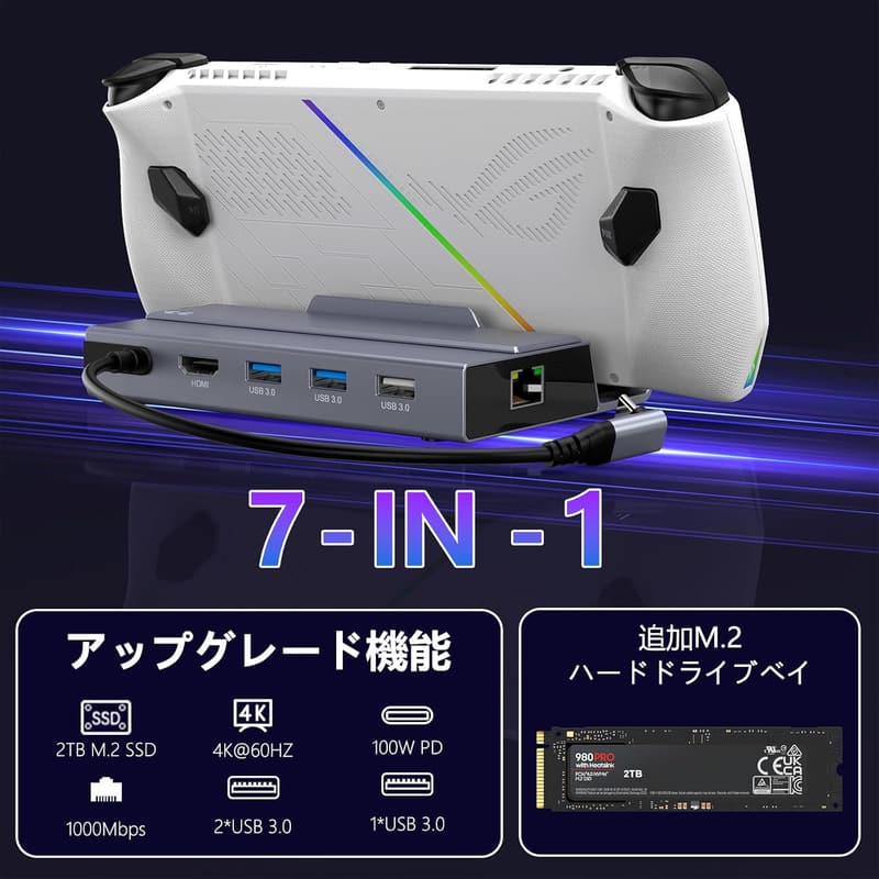ROG Ally/Legion Go/Steam Deck用 7-IN-1 USB-Cドッキングステーション アルミニウム合金