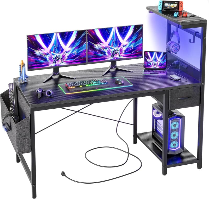 LEDゲーミングデスク 100×50cm - 電源コンセント・多機能収納付き【勉強・仕事・ゲーム】