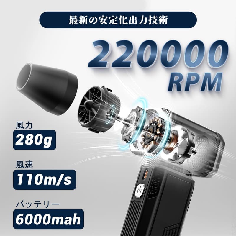 業務用 コードレスエアダスター 強力ブロワー PSE認定 220000RPM 6000mAh 風量調整 小型