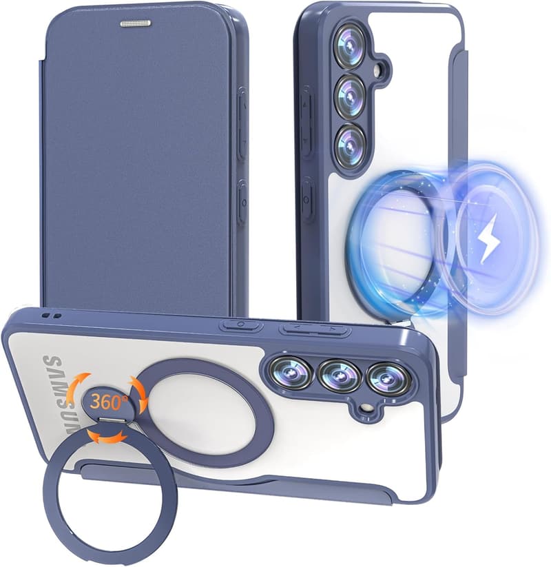 【Galaxy S25用 360°回転スタンド手帳型ケース - MagSafe対応・クリアレザー・カード収納】