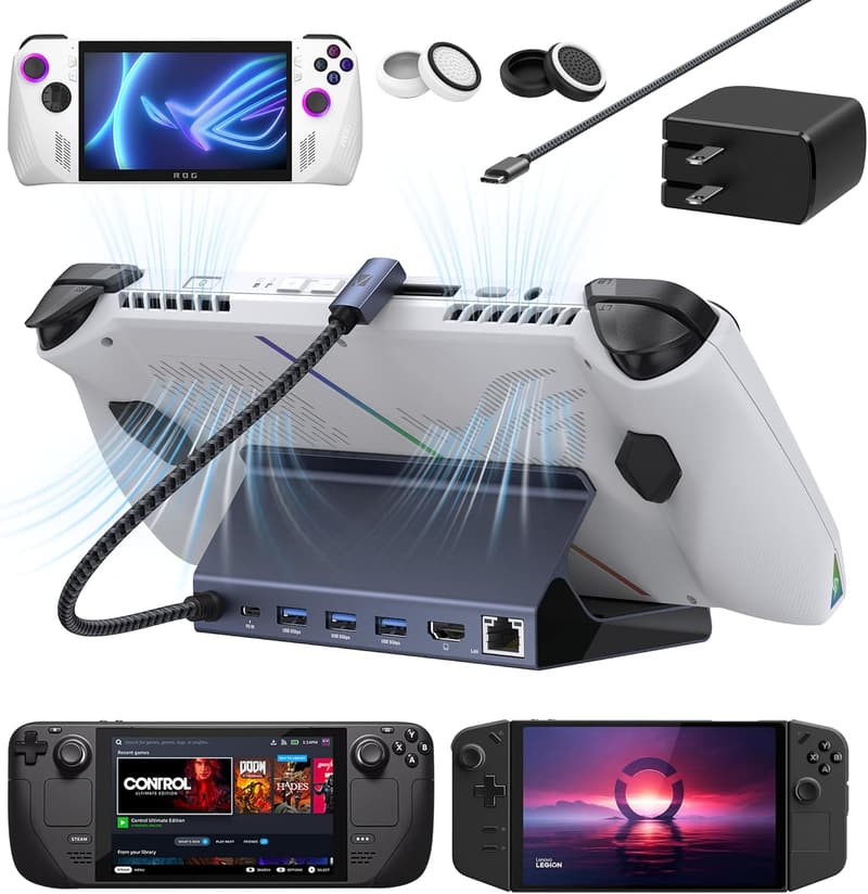 65W PDチャージャー搭載6-in-1ドッキングステーション - HDMI 4K@60Hz、USB-C、USB-A、イーサネット対応 (iVANKY ROG Ally/Legion Go/Steam Deck用)