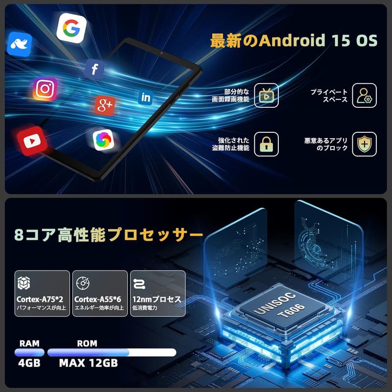 【SIMフリー】8インチ Android 15タブレット RAM16GB/ROM128GB GPS搭載