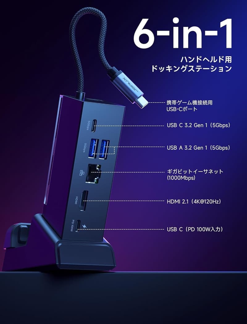 ROG Ally X対応 6in1ドッキングステーション ブラック - HDMI 4K@120Hz、USB-C 100W充電機能付き
