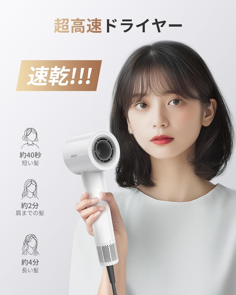 速乾性ブラシレスモーター搭載 ヘアドライヤー ホワイト 低騒音・軽量 57℃恒温