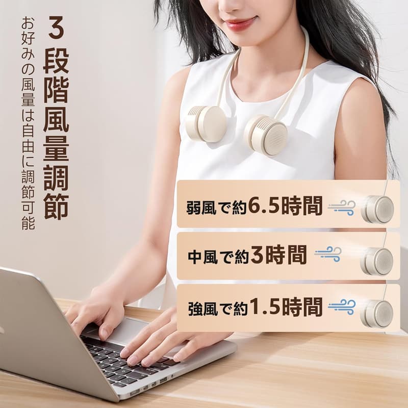 【超ミニ・ポータブル】ネッククーラー首掛け扇風機 風量3段階調節 Type-C急速充電 携帯用 軽量 ホワイト