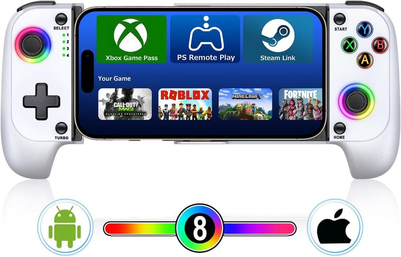 モバイルゲーム用 無線コントローラー 伸縮型 iOS/Android対応 低遅延 600mAhバッテリー RGBライト