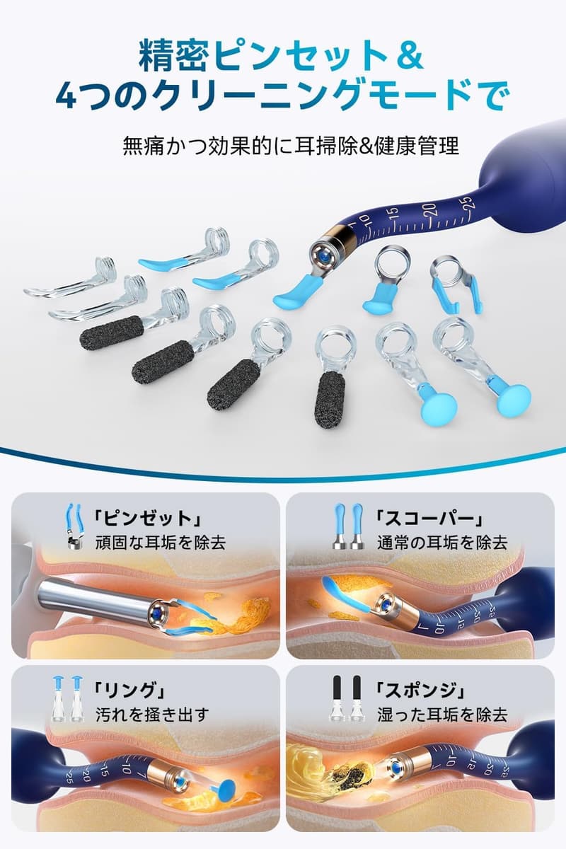耳かきカメラ付 みみかき 2025年新登場 1000万画質収納ケース付き IP67防水 4モード対応 スマホ対応（ブルー）