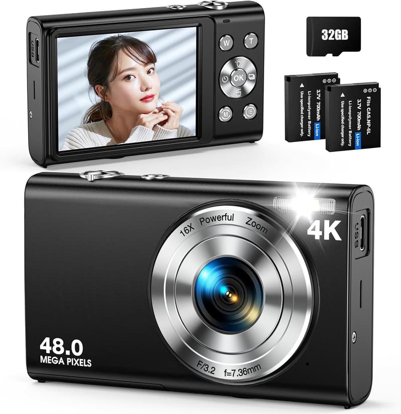 初心者向け 4Kデジタルカメラ AFオートフォーカス 4800万画素 自撮り可能 軽量 バッテリー2個付き 32GBカード付き（ブラック）