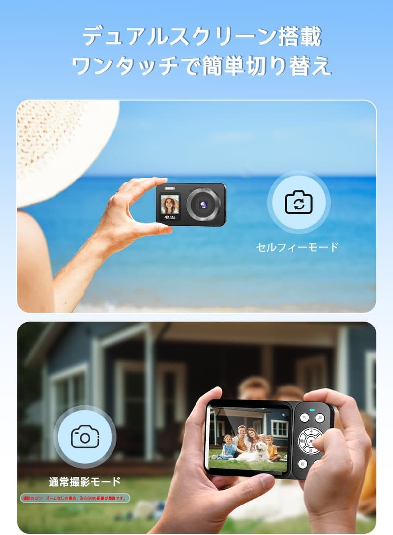 初心者向け 4Kデジタルカメラ 64GBカード付 自撮り機能 18倍ズーム ブラック