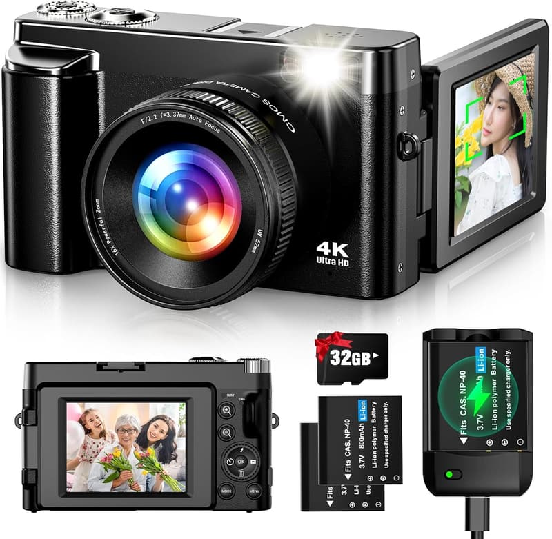 4Kデジタルカメラ 4800万画素 自撮り機能付き 180度回転ディスプレイ 32GBカード・バッテリー2個・手振れ補正付き