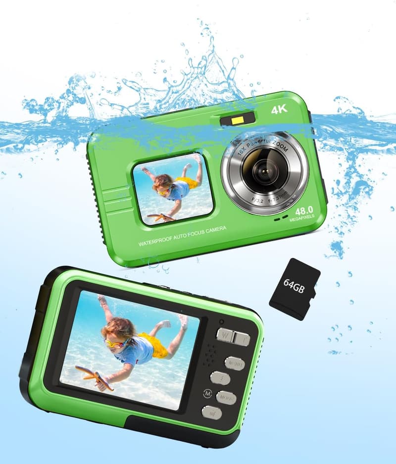 防水デジタルカメラ 4K 4800万画素 IP68 オートフォーカス 水中撮影用 緑 64GBカード付属