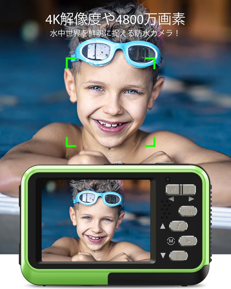 防水デジタルカメラ 4K 4800万画素 IP68 オートフォーカス 水中撮影用 緑 64GBカード付属
