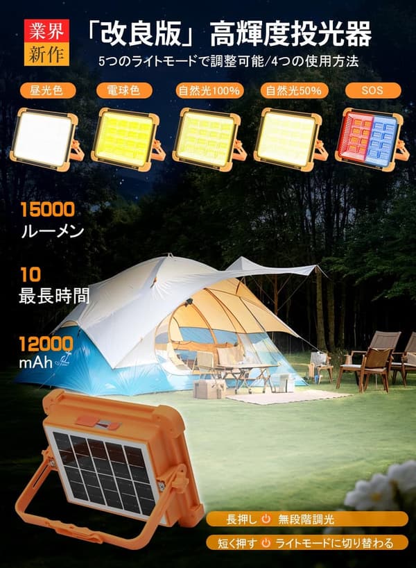 充電式LED投光器 15000LM 防水IP66 5モード 磁気設計 キャンプ・アウトドア用
