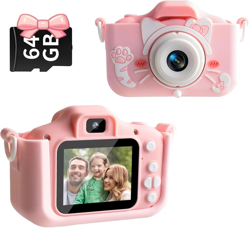 子供用1080P HDデジタルカメラ ピンク - 誕生日・クリスマス向け、64GBカード付属、USB充電式、タイマー・自撮り機能付き