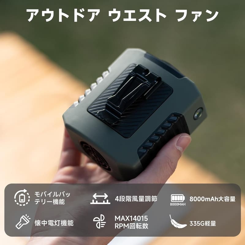 強力腰掛け扇風機 8000mAh大容量 4段階調整可能 Type-C充電 懐中電灯付 ウエストファン ギフト最適【日本語取扱説明書付き】