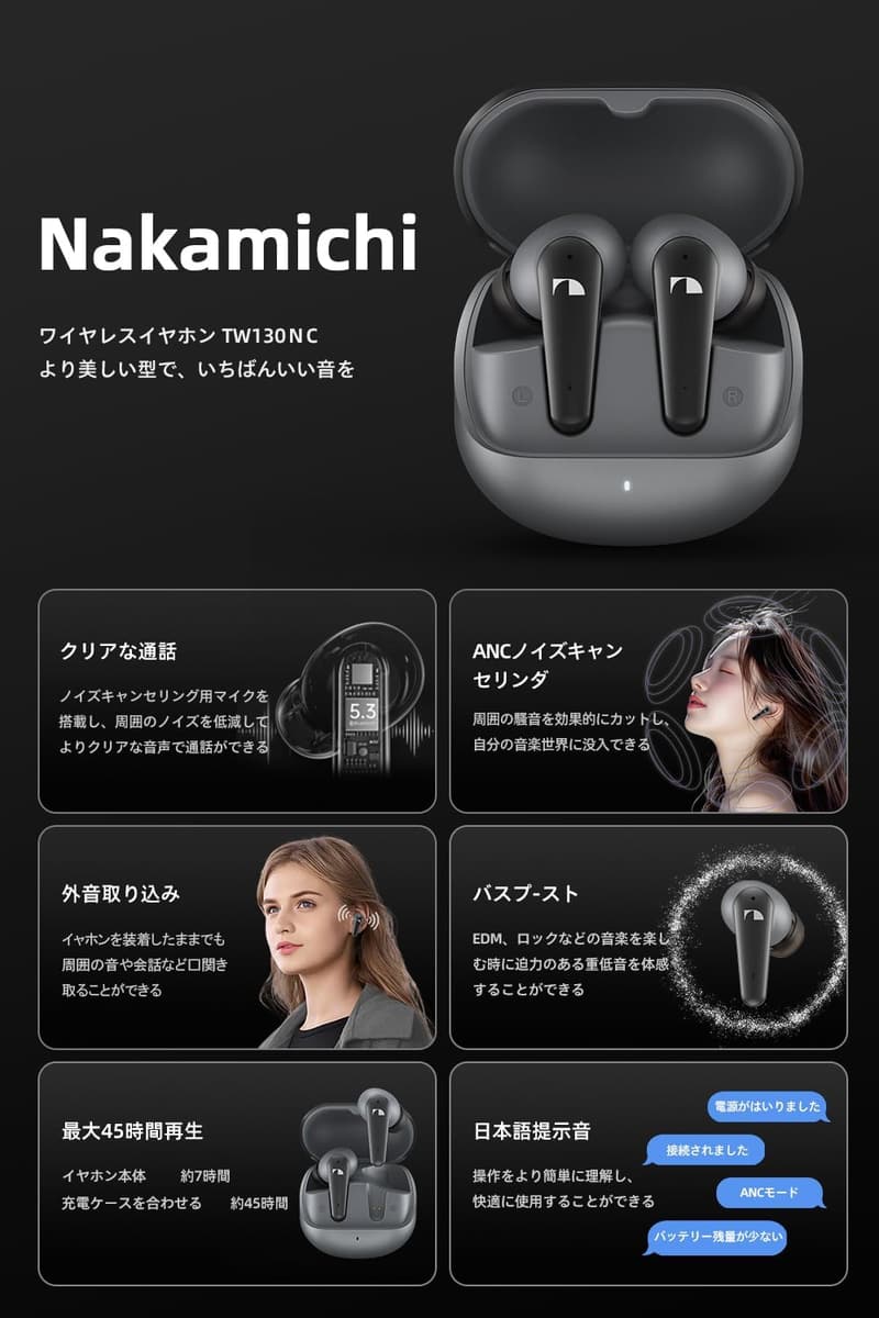 Bluetooth 5.3 ワイヤレスイヤホン ANCノイズキャンセリング 最大45時間再生 TW130NC グレー