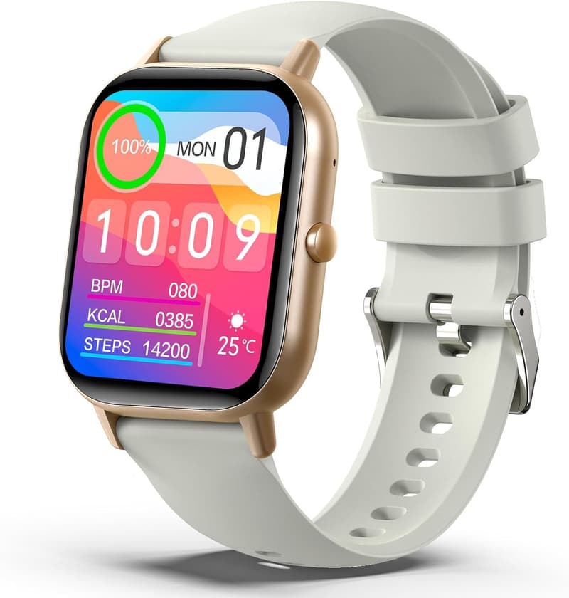活動量計スマートウォッチ【2025モデル・2.01インチ大画面・Bluetooth5.4対応】メンズ・レディース・防水・運動モード・通話機能・音楽コントロール用（ベージュバンド）