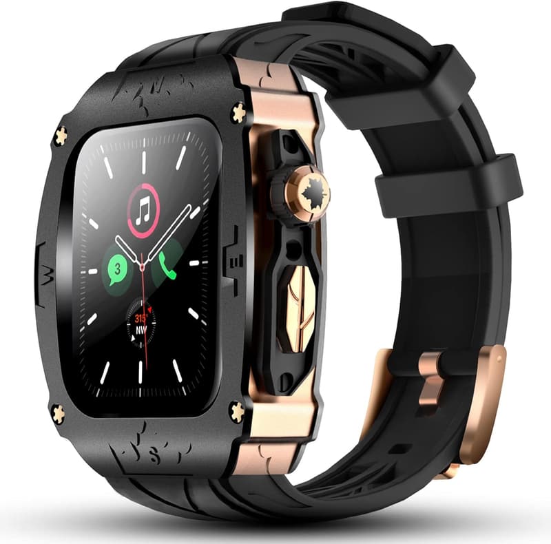 Apple Watch 9/8/7/6 SE用 高耐久メタルケース（ブラック・ローズゴールド） メンズ用フル保護カバー付き
