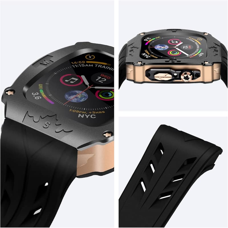 Apple Watch 9/8/7/6 SE用 高耐久メタルケース（ブラック・ローズゴールド） メンズ用フル保護カバー付き