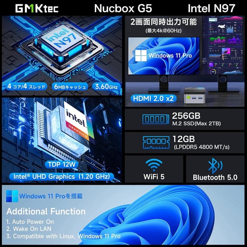 第12世代 N97 ミニPC 12GB+256GB SSD｜Windows 11 Pro｜静音・超軽量デザイン 164g｜4コア・4スレッド 4Kデュアル出力