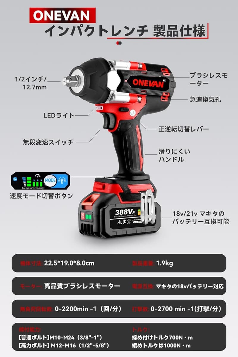 18V充電式電動インパクトレンチ ツール 赤 700N・mバッテリー2個付き