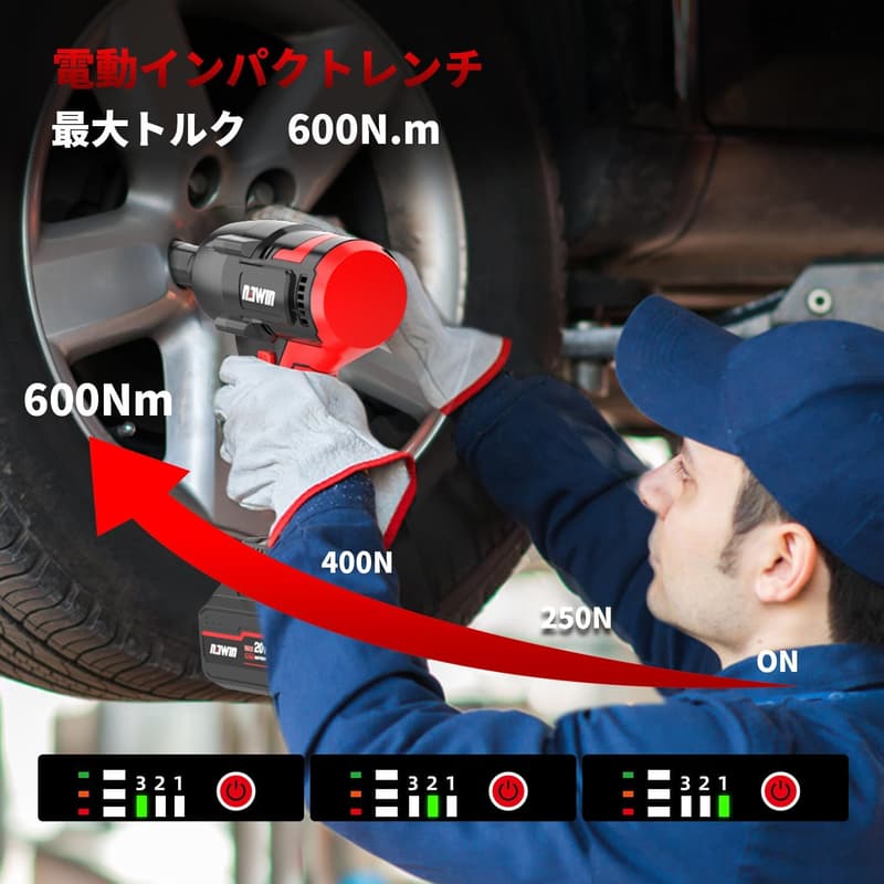 充電式インパクトレンチ 600N・m ブラシレスモーター搭載 4.0Ahバッテリー2個付 業務用電動工具