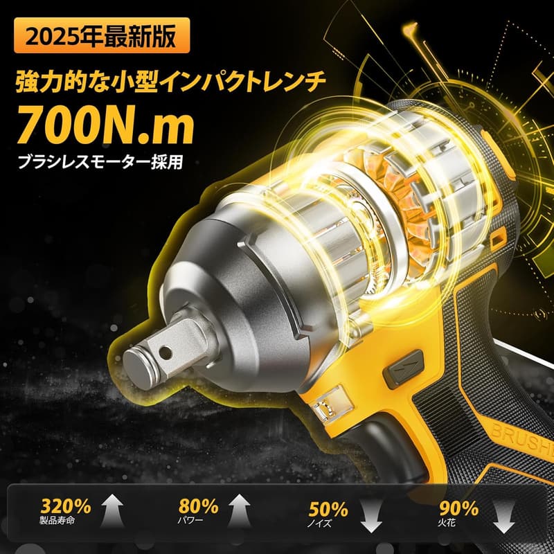 電動インパクトレンチ タイヤ交換用 700N.m 小型充電式 コードレスブラシレスモーター 日本語説明書付き