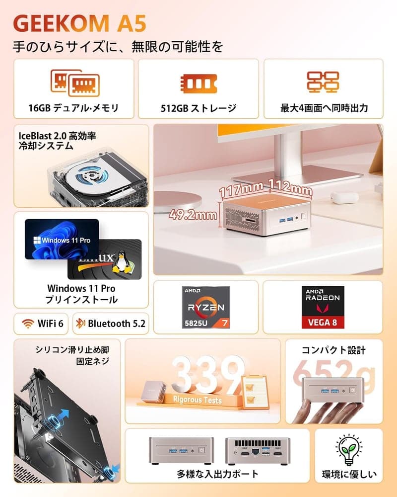 最新AMD Ryzen7搭載 GEEKOM A5 ミニPC（16GB+512GB SSD/最大5TB拡張可能）