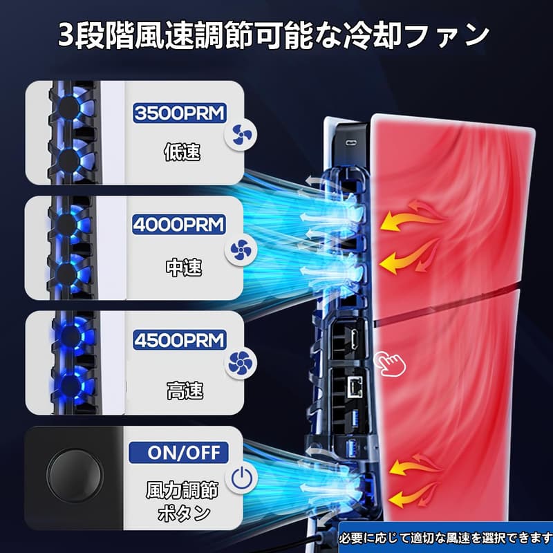 PS5 Slim用冷却ファン LEDライト付き USBポート3つ 静音 急速冷却【新型対応】