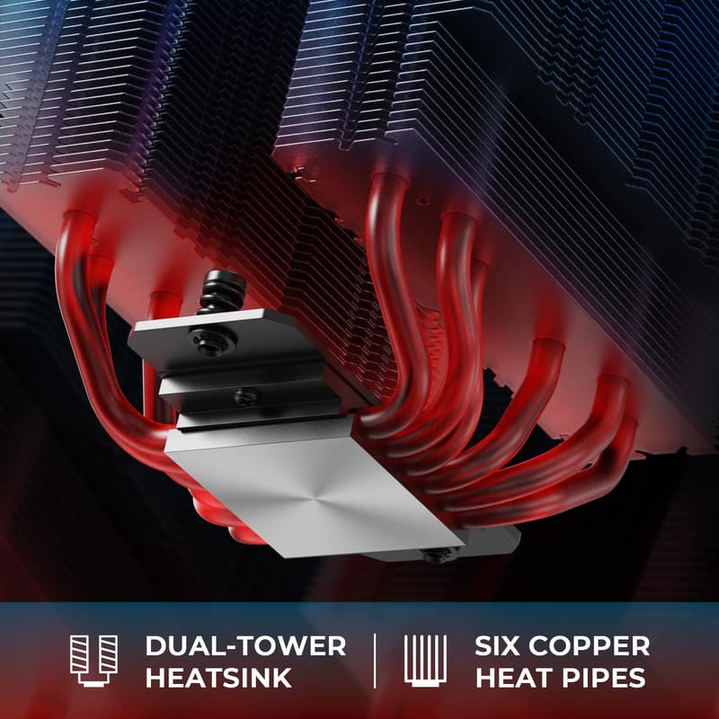 ブラックアウトデュアルタワーCPUクーラー - Intel/AMD対応、6本熱管、静音ファン搭載