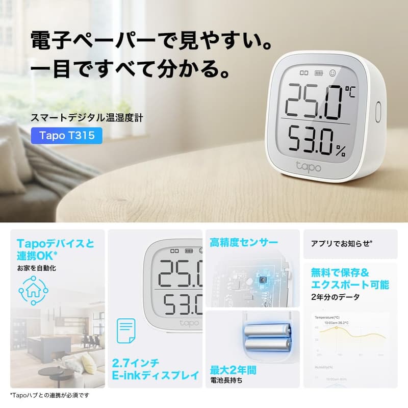 Tapo T315 スマート温湿度計 高精度大型画面 温度・湿度・アラーム機能